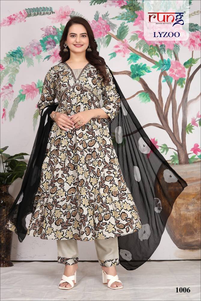Lyzoo By Rang Rayon Alia Cut Embroidery Long Kurti With Bottom Dupatta Wholesale Price In Surat